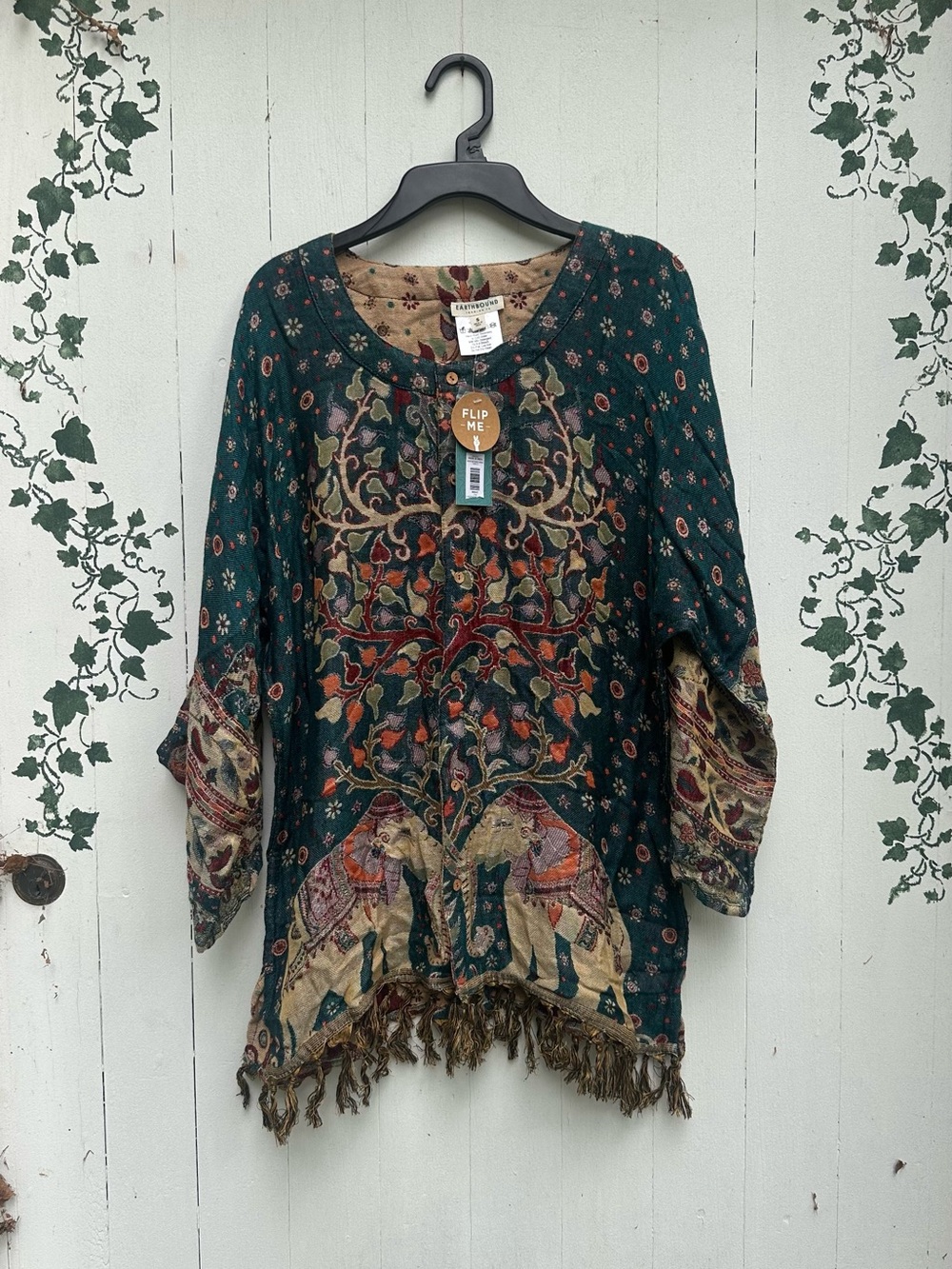 Earthbound Elephant Tree of Life Print Button Front Tunic Top - Dark Teal Rayon